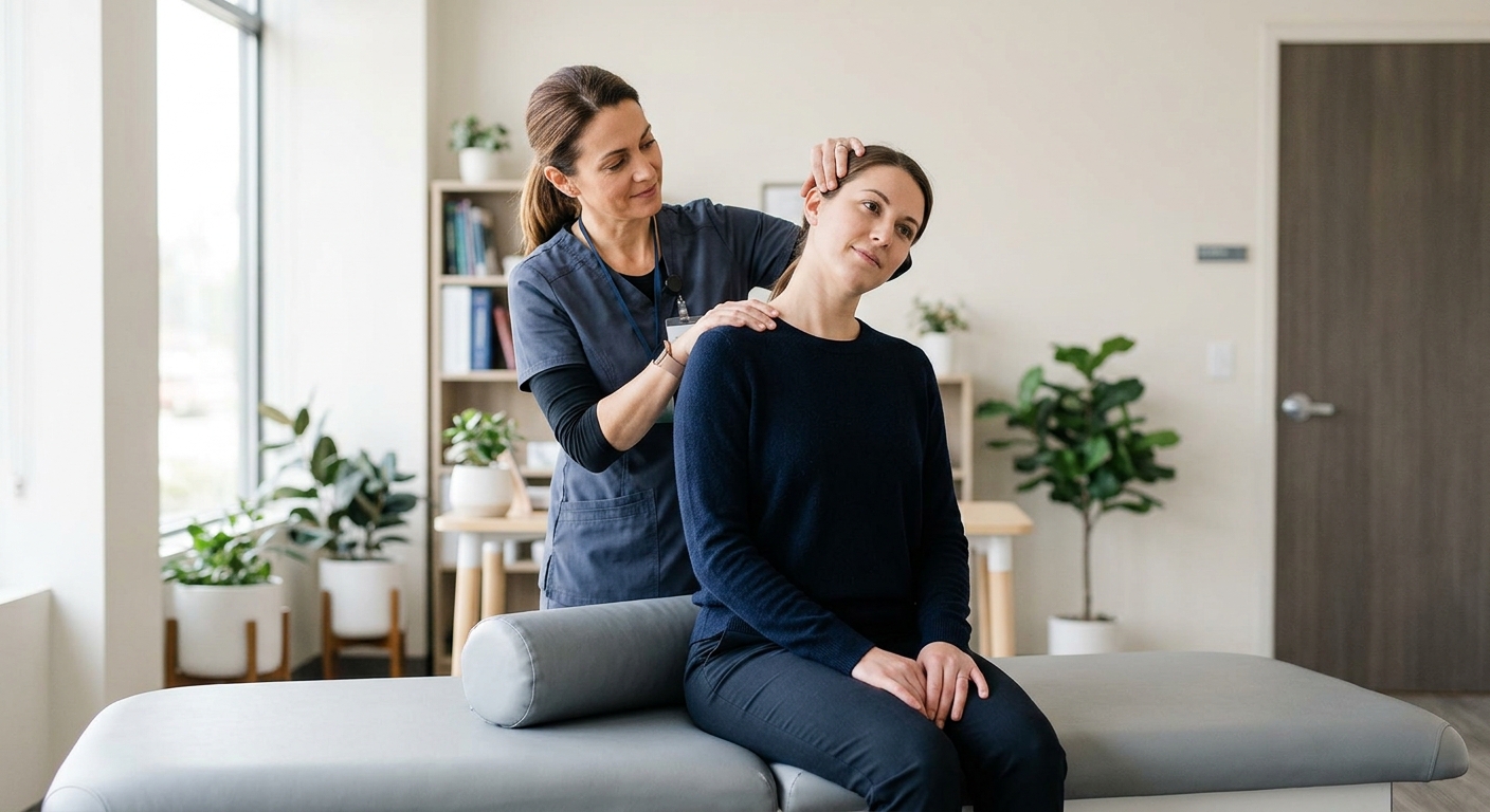 Chiropractor assessing neck range of motion for car accident injury care in Portland