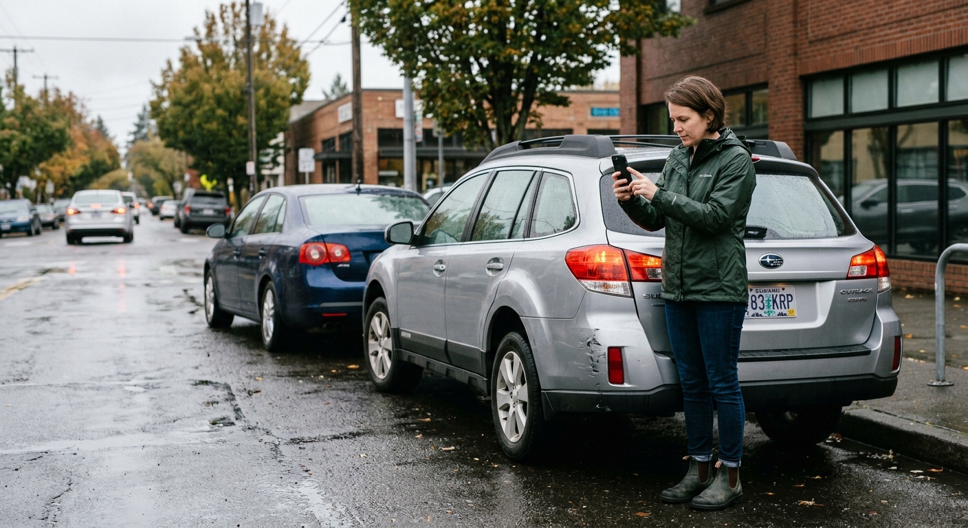 Person documenting car accident damage on a rainy Portland street for injury care documentation