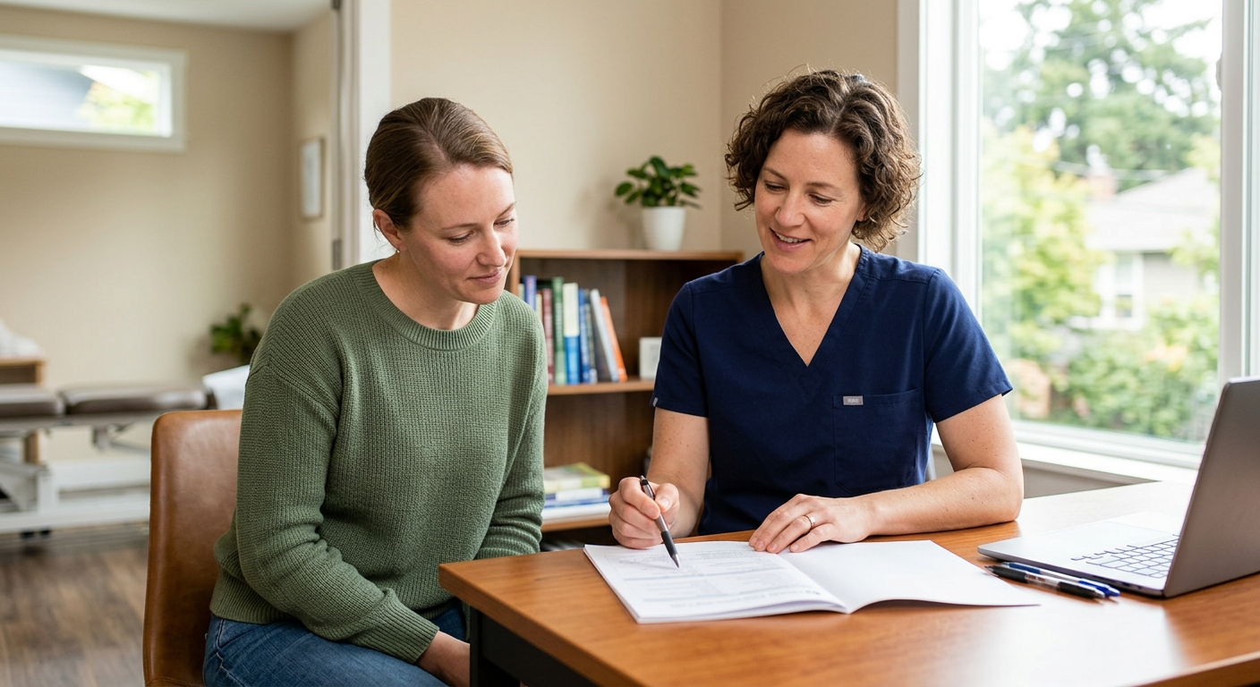 Patient reviewing car accident injury recovery timeline with Portland chiropractor