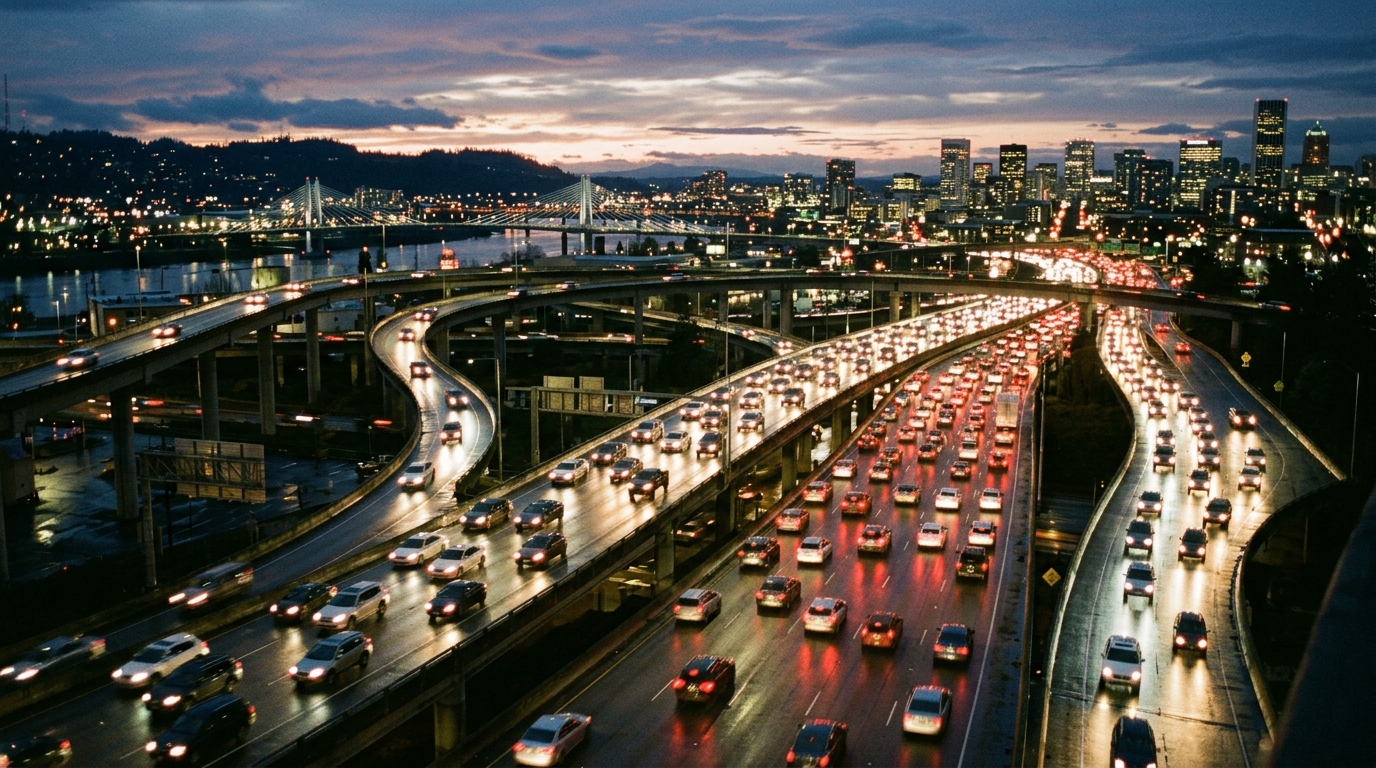 Busy Portland highway interchange at dusk showing wet road conditions relevant to car accident lawyer Portland cases