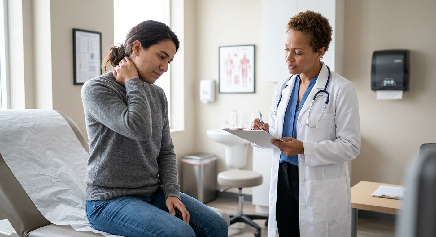 Patient describing neck pain to a provider during a car accident injury evaluation in Portland