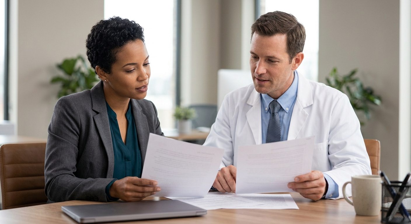 Attorney and healthcare provider reviewing car accident medical documentation in a Portland office