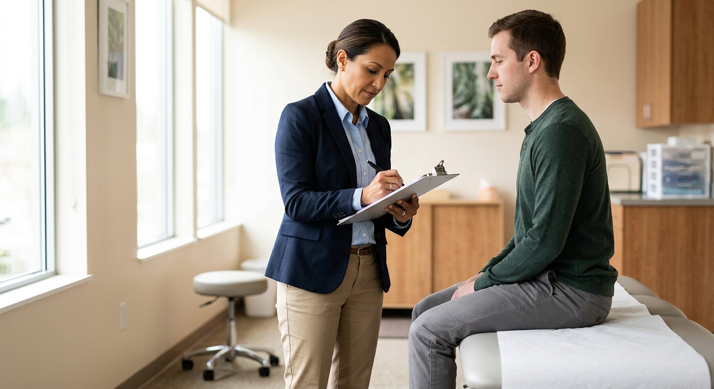 Chiropractor documenting auto accident injury evaluation findings in Portland clinic
