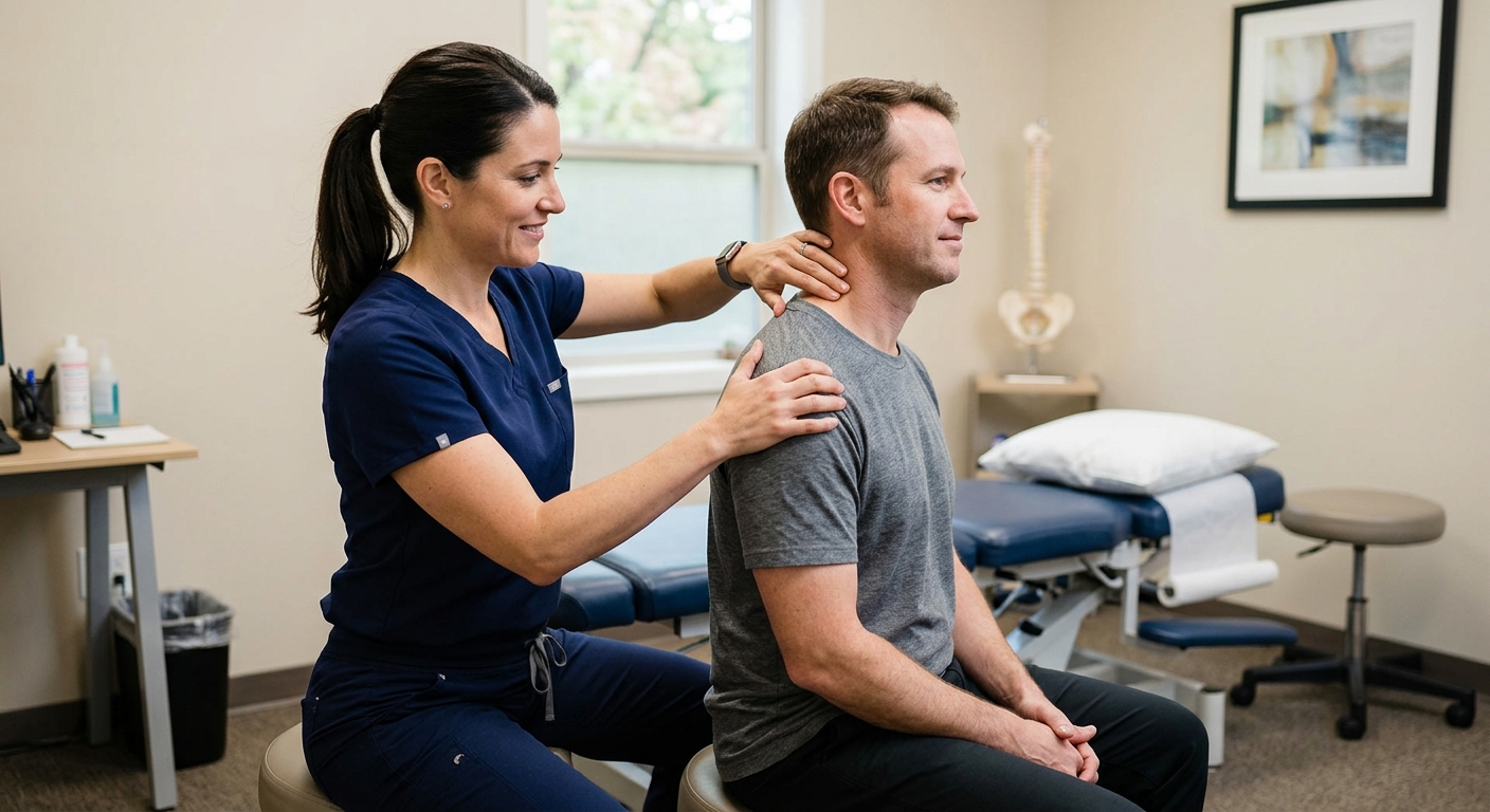 Chiropractor performing cervical orthopedic assessment on car accident patient in Portland clinic