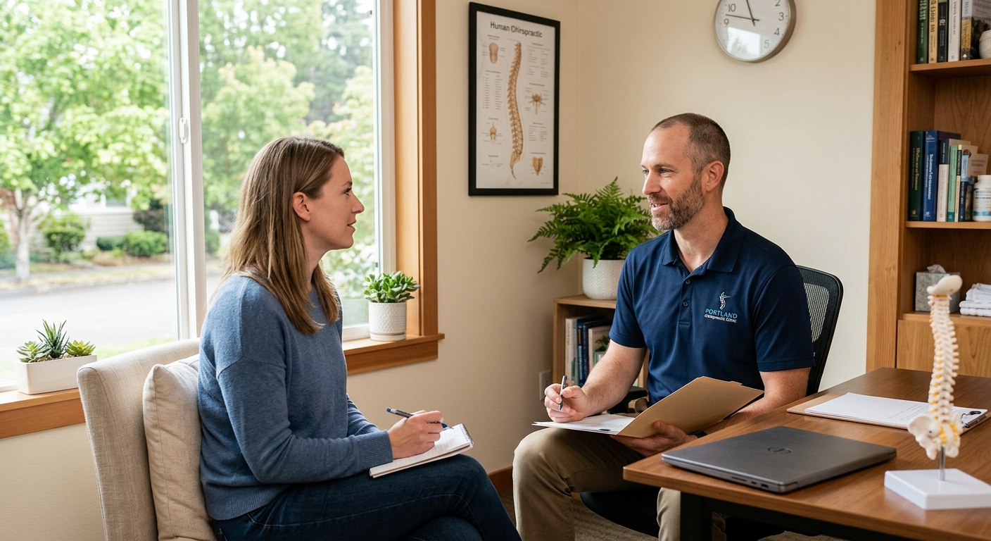 Patient asking informed questions during Portland car accident chiropractic consultation
