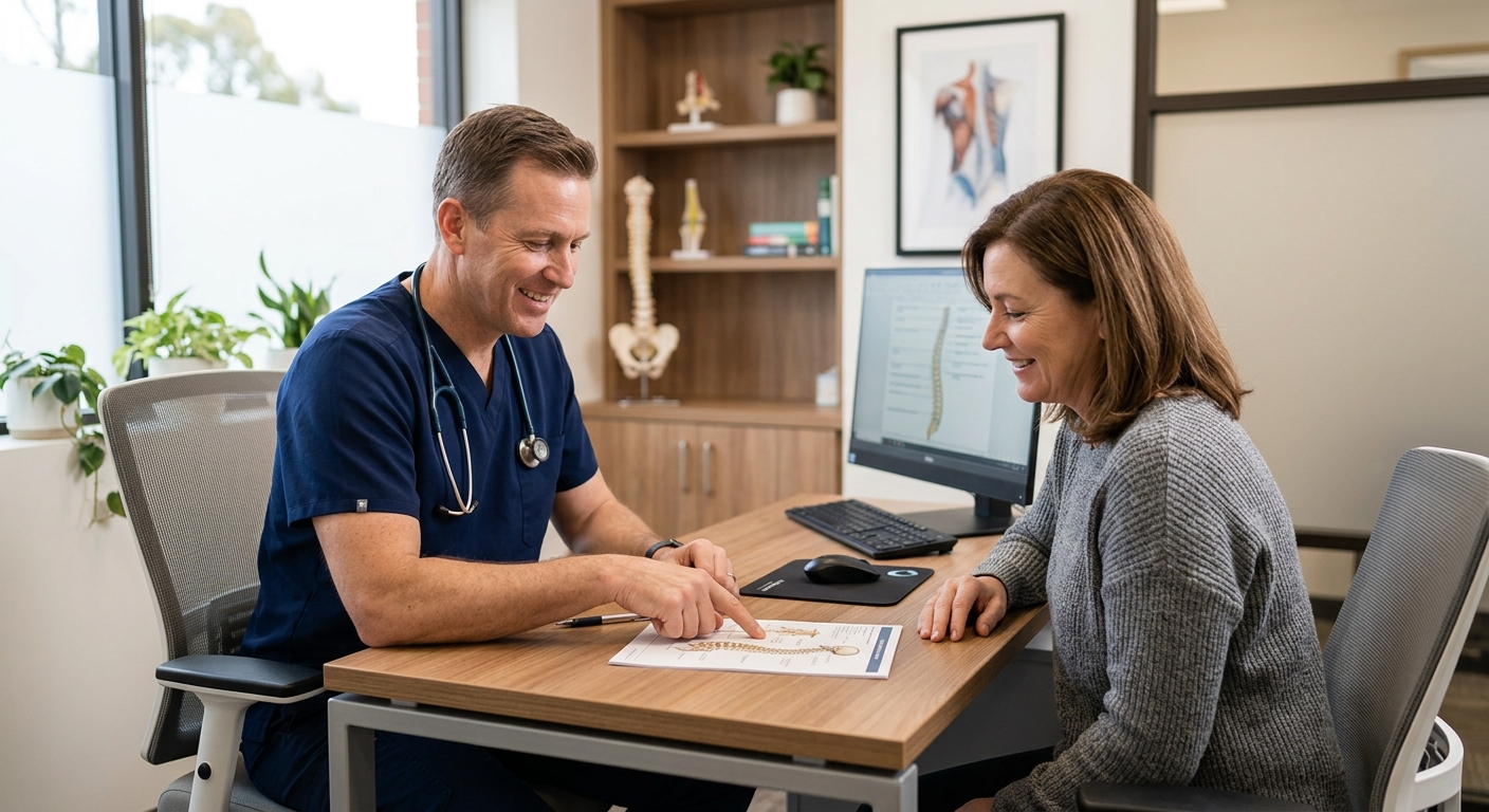 Chiropractor reviewing injury pattern and treatment options with Portland car accident patient