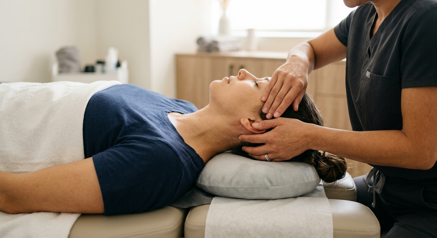 Chiropractor performing gentle cervical assessment during acute phase of MVA injury treatment