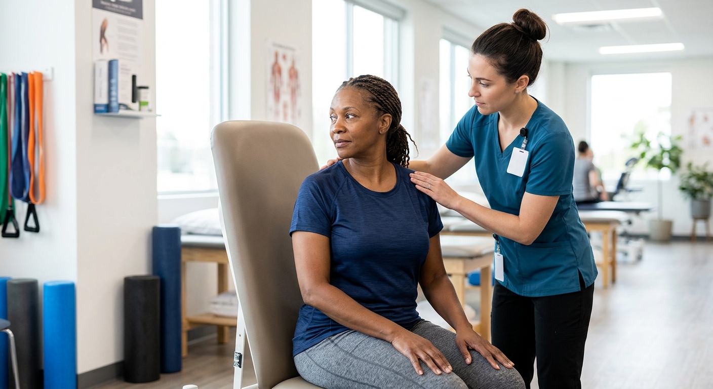 MVA patient performing cervical rehabilitation exercises during subacute recovery phase in Portland