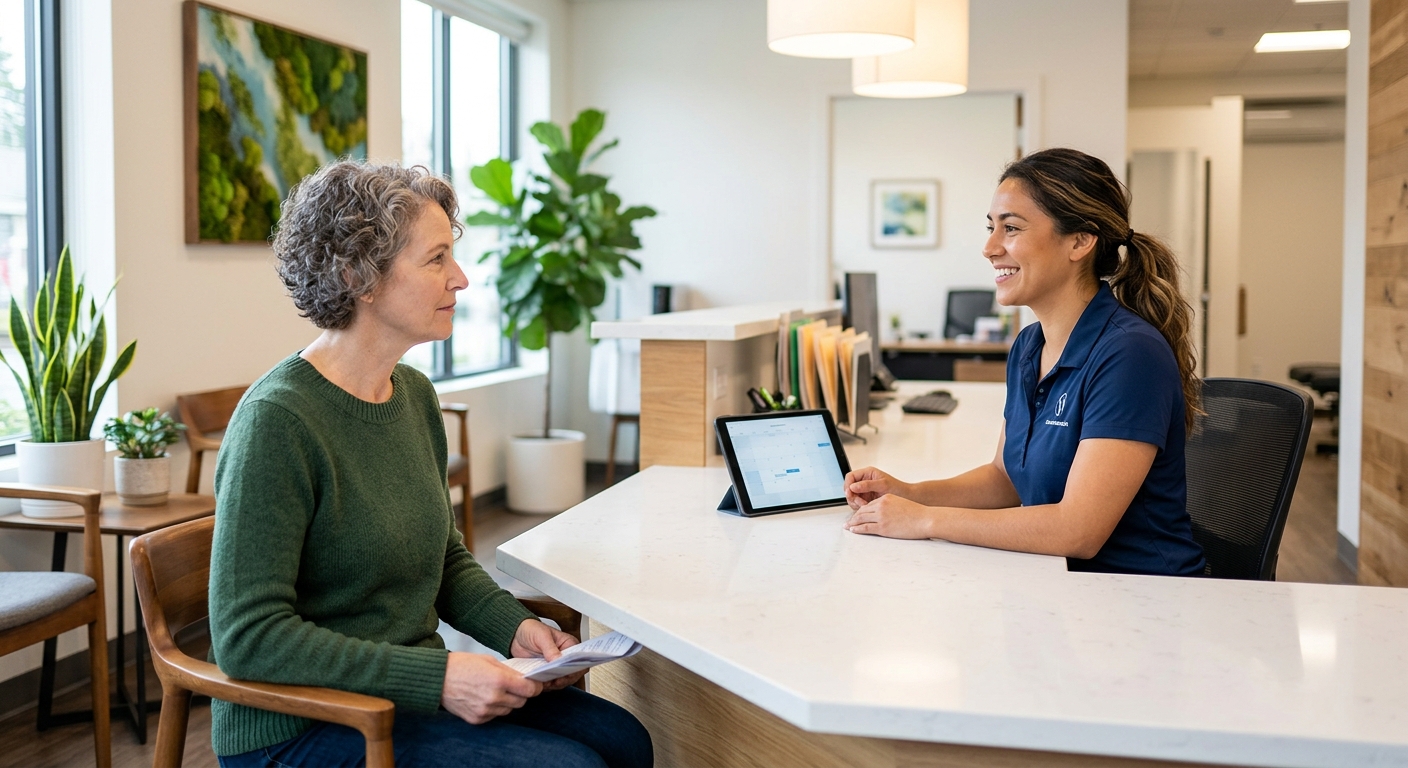Portland chiropractor accepts car insurance — patient checking in at front desk
