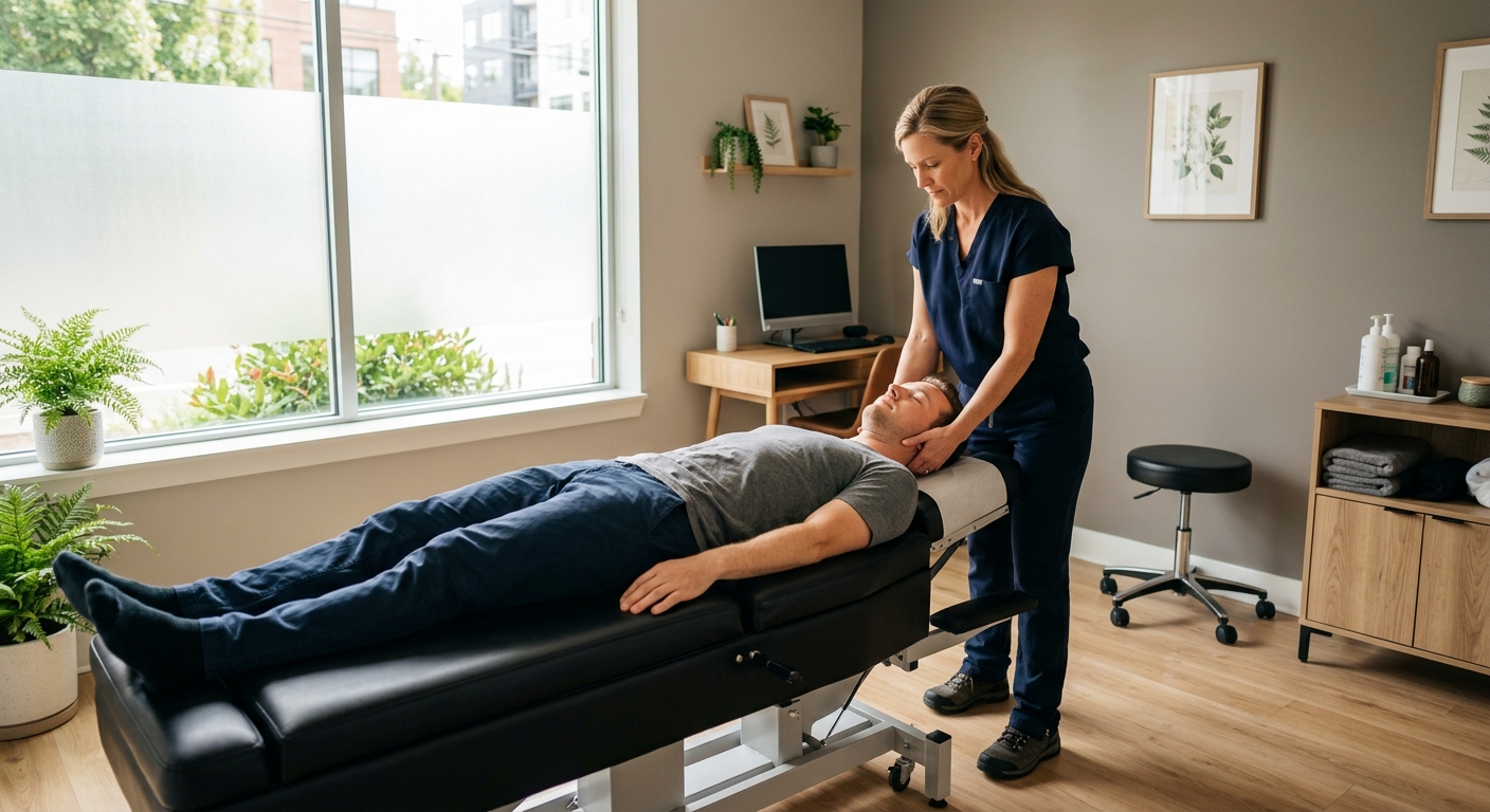 Chiropractor evaluating a car accident patient's cervical spine in a Portland clinic