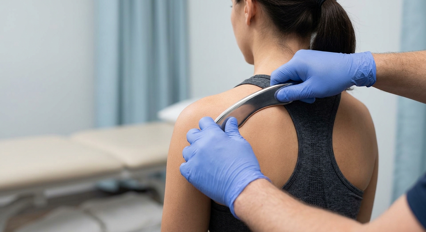 Instrument-assisted soft tissue mobilization being applied to a car accident patient's upper back
