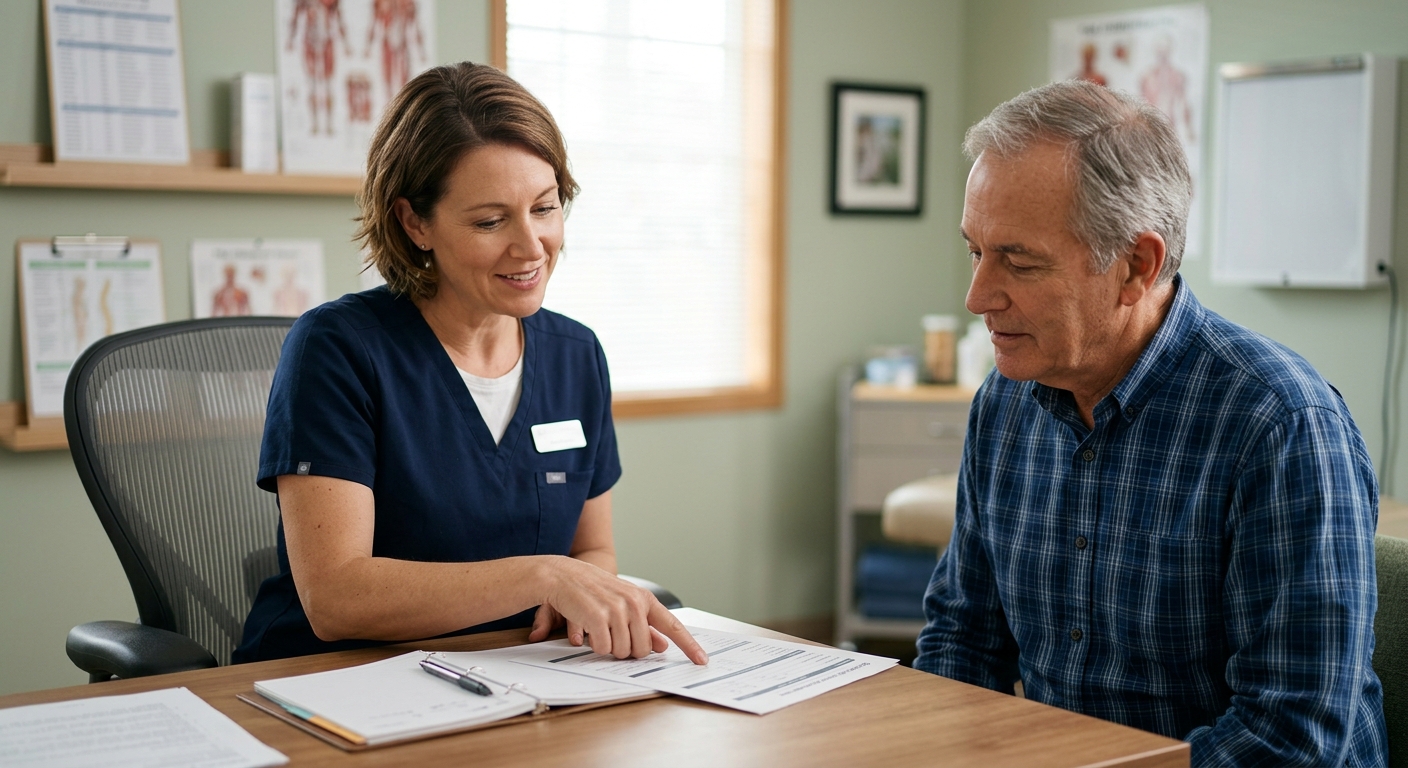 Motor vehicle injury specialist reviewing functional outcome measures with a Portland accident patient