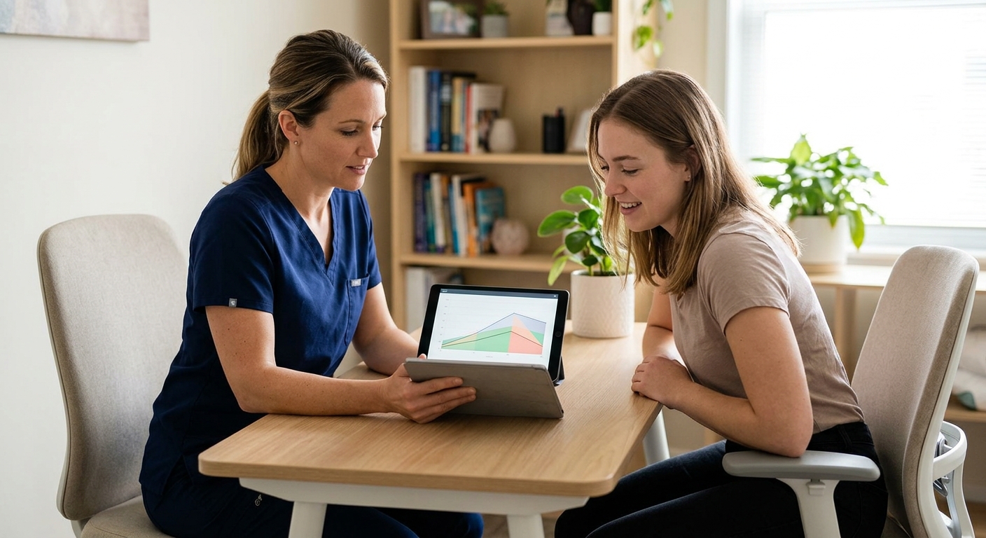 Chiropractor and Portland car accident patient reviewing recovery progress together