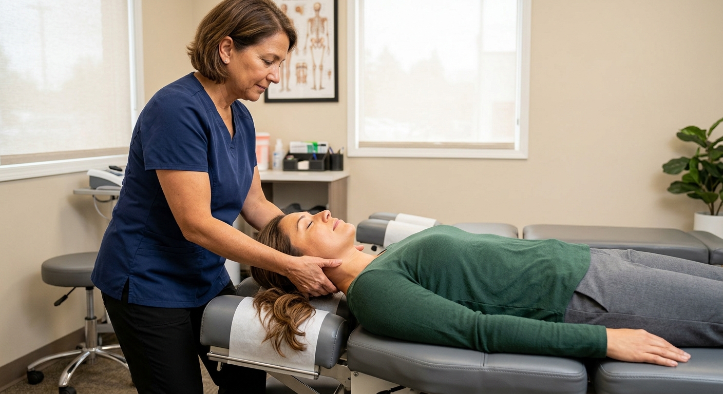 Chiropractor performing gentle cervical adjustment on car accident patient in Portland clinic