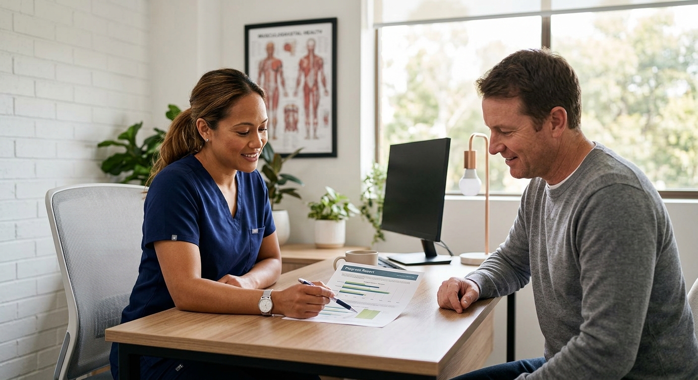 Chiropractor reviewing discharge criteria and home maintenance plan with a Portland rear-end collision patient