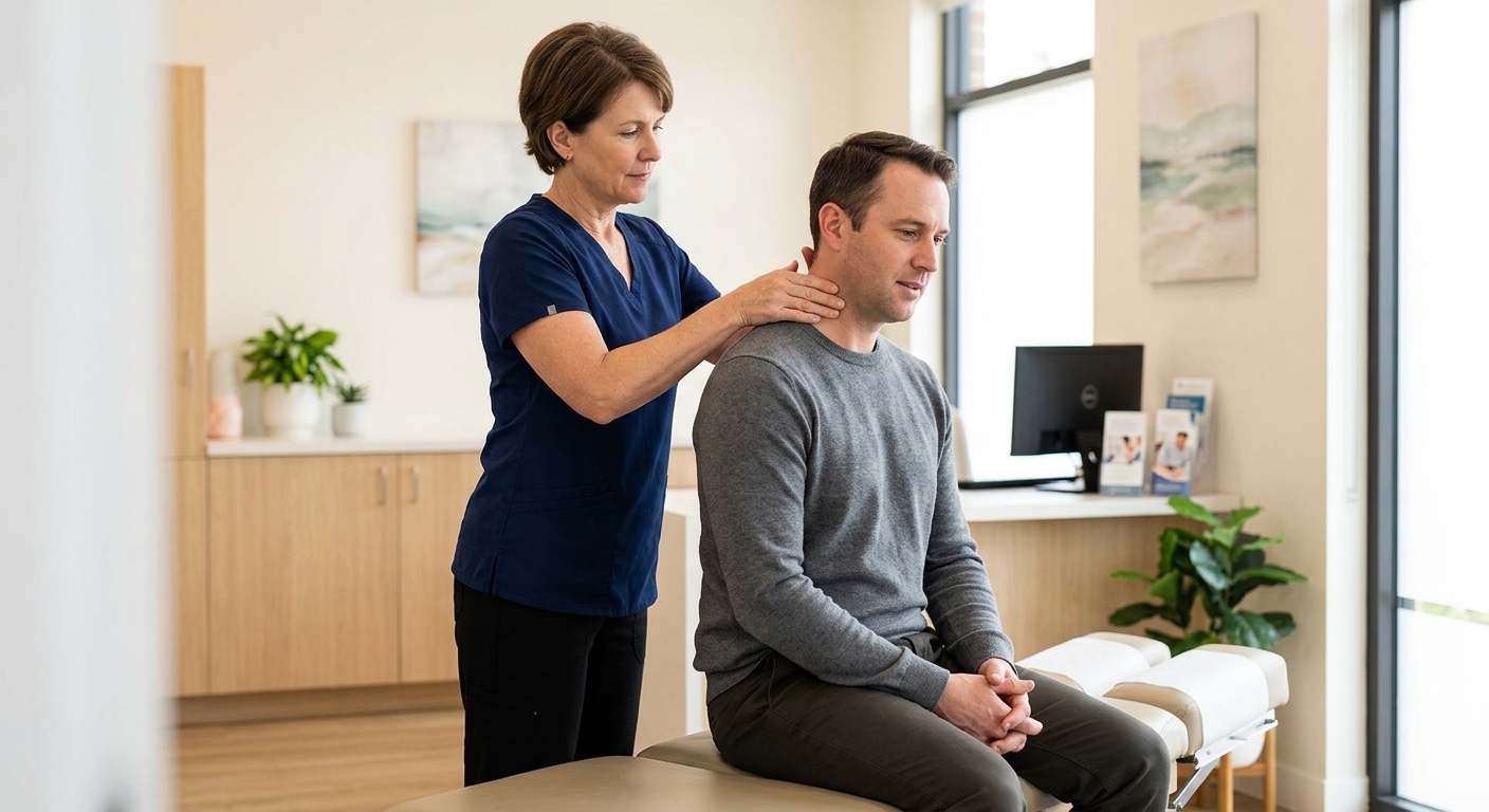 Chiropractor evaluating a rear-end collision injury patient in a Portland clinic