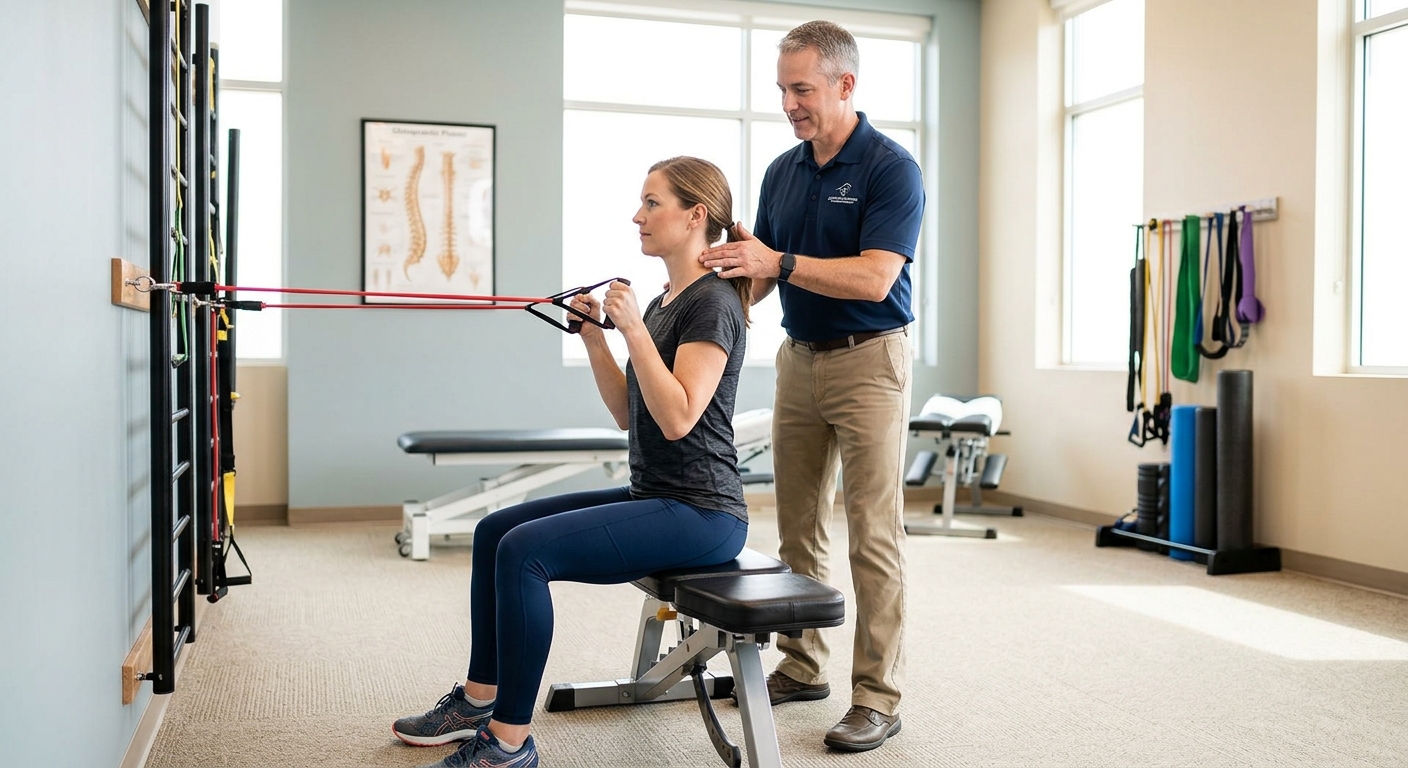 Patient doing cervical stabilization exercises during Phase 3 rehabilitative care in Portland