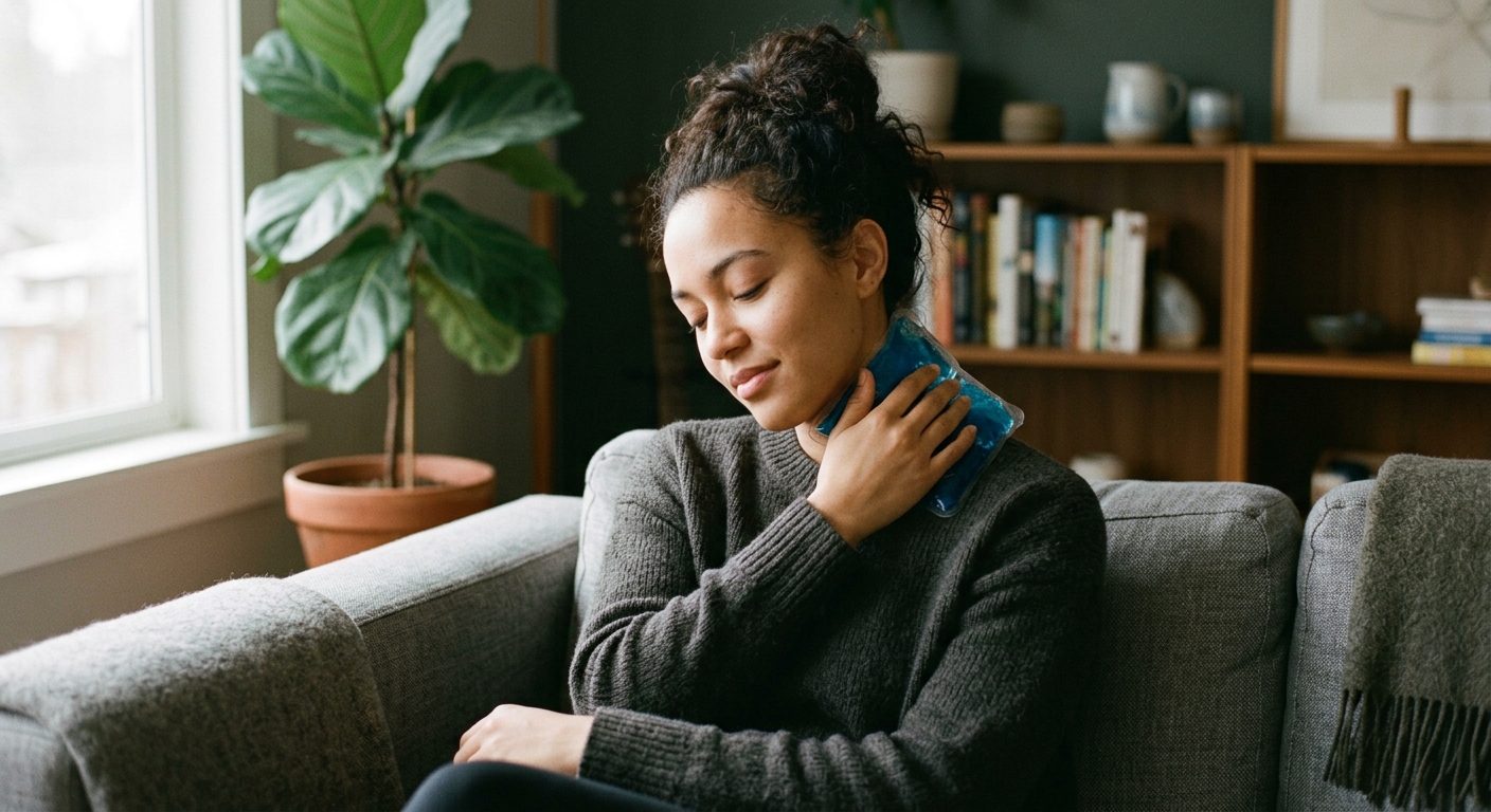 Rear-end accident patient applying ice to neck during inflammatory phase of recovery