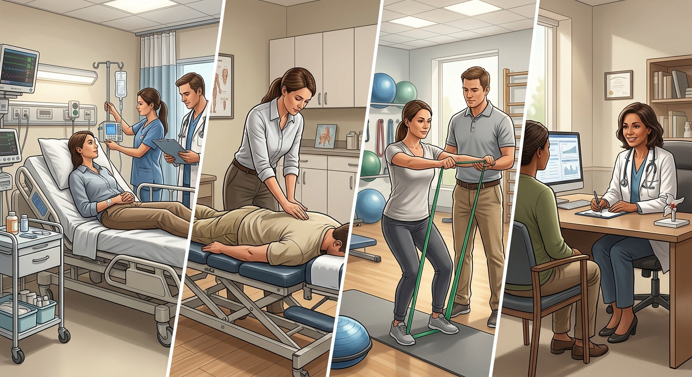 Four motor vehicle collision treatment options in Portland including ER, chiropractic, physical therapy, and pain management