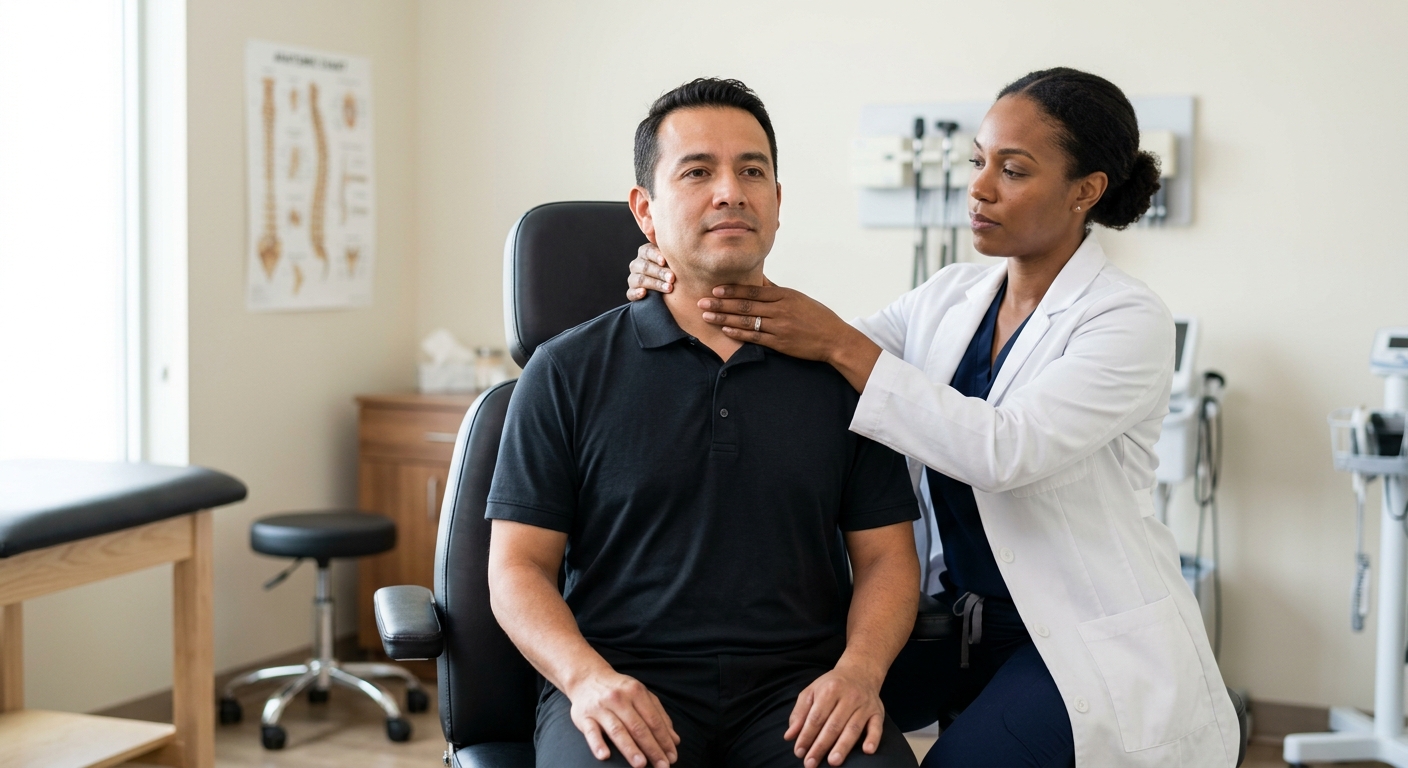 Chiropractor evaluating a Portland car accident patient for whiplash and cervical strain after a motor vehicle collision