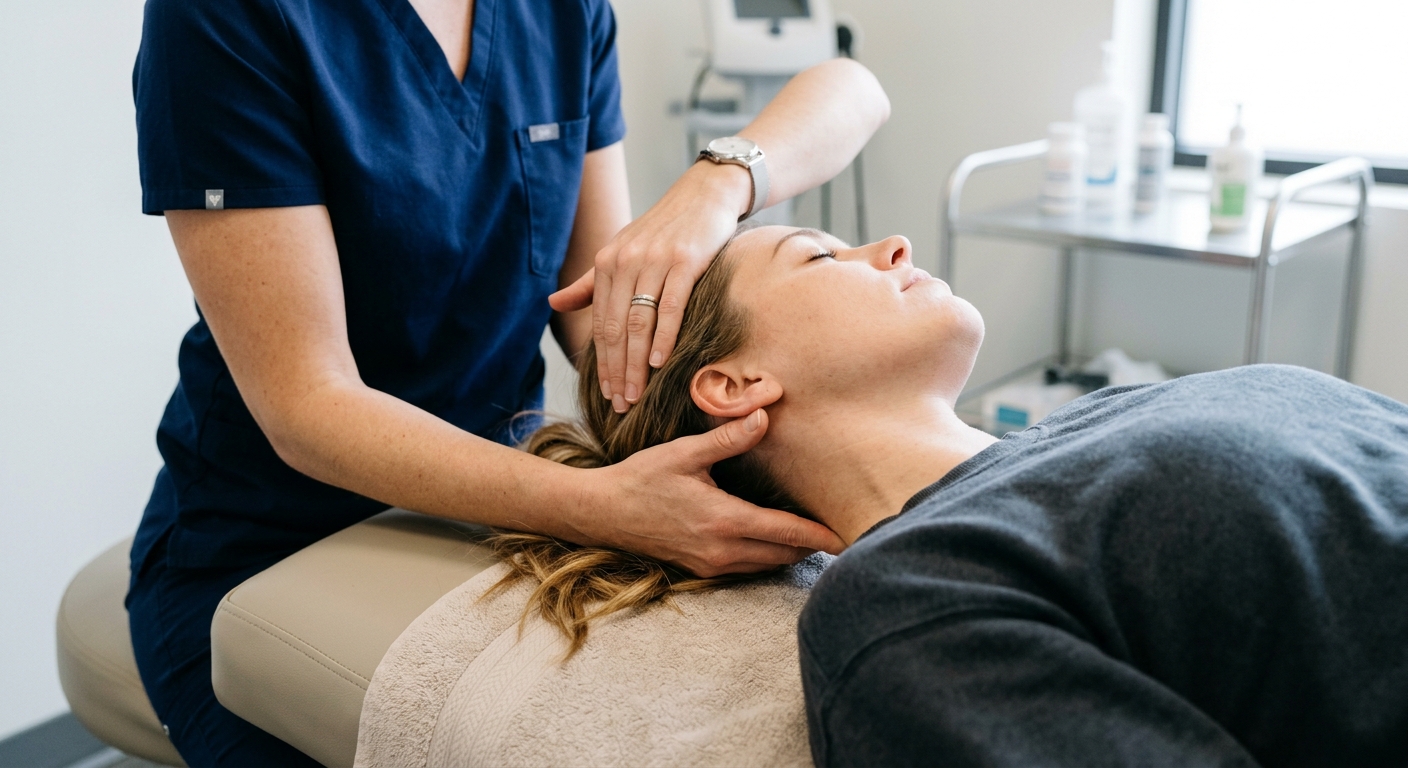 Clinician performing cervical Flexion-Rotation Test to identify post-accident headache type