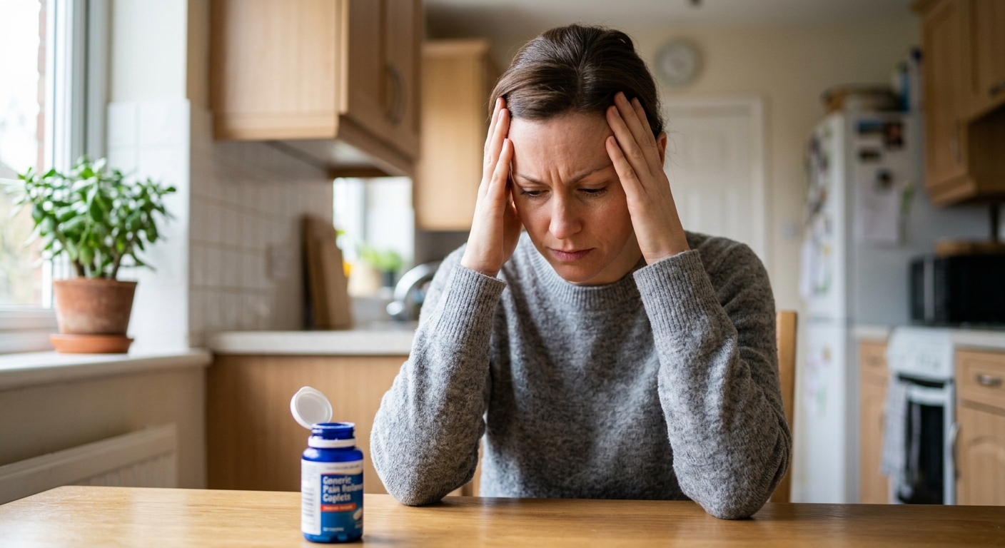 Person experiencing persistent post-accident headache after self-medicating with OTC pain relievers
